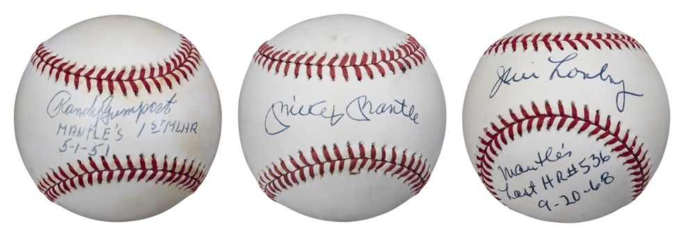 Lot of (3) Mickey Mantle, Randy Gumpert & Jim Lonborg Single Signed Baseballs With Mantles 1st/Last Home Run Inscriptions (Beckett)